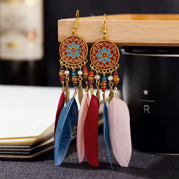 Anthropologie Jewelry - Ethnic Feather Multicolor Earrings